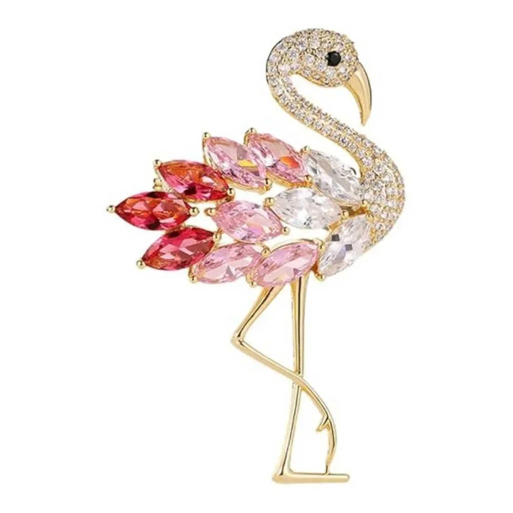 Flamingo Brooch Pin Pink & Clear Rhinestones & Crystals Delicate Animal Bird Pin